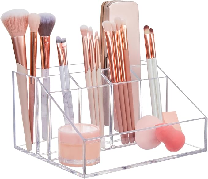 STORi Chloe Clear Plastic Stackable Makeup Brush Holder, Rectangular 6-Compartment Organizer for Brushes, Cosmetics & Beauty Supplies, Made in USA