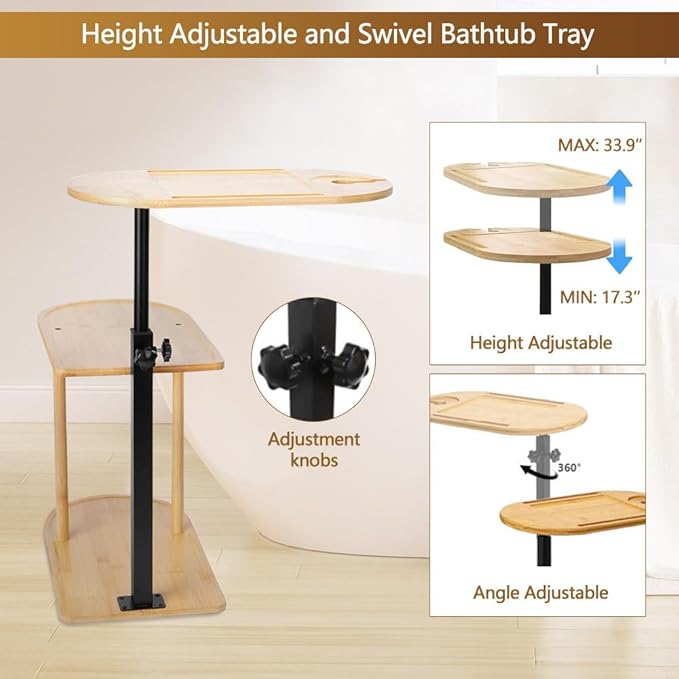 3 Layer Bathtub Tray Table,Bamboo Swivel Bathtub Side Table Height Adjustable,Freestanding Bathtub Tray for Tub Against Wall,Bathtub Accessories&Bathroom Organizer for Luxury Home Spa-Natural