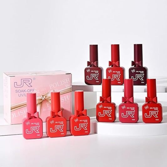 JR 9pcs 0.5oz Gel Nail Polish Kit Deep Red Burgundy, Wine, Crimson & Glitter Shades in Bow Bottles Gel Polish Kit Soak Off Gel Polish For Nail Salon Gift J