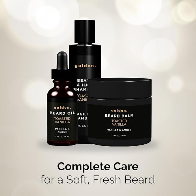Golden Grooming Co. Everyday Beard Bundle – Complete Beard Care Set | Includes Beard Oil, Balm & Shampoo (Regular, Toasted Vanilla)
