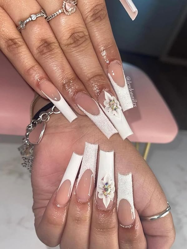 3D White Acrylic Flower Nail Art Charms Handmade by Acrylic Powder - 24pcs Flowers Nail Rhinestones Kit 3D Crystal Nail Pearls Design Acrylic Nail Art for Women (White)