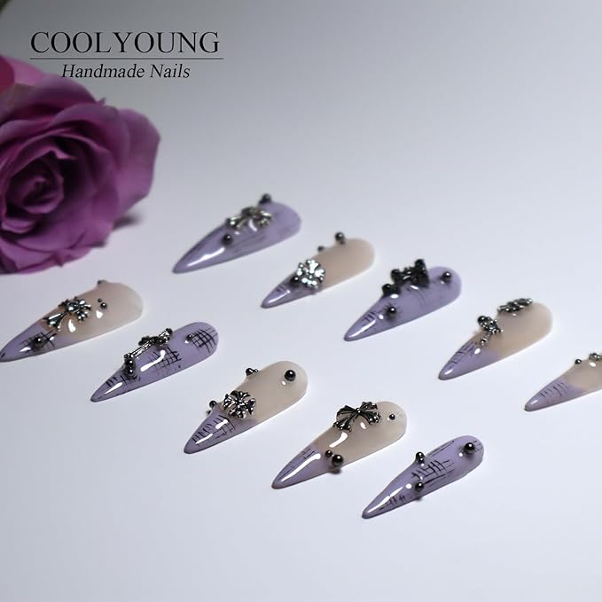 Handmade Nails, Purple Nails, Y2K Press On Nails, French Tip Press On Nails, Press On Nails With Charms, Thick Press On Nails, Press On Nails Stiletto, Women Gifts, COOLYOUNG Nails, 10 PCS, Size M