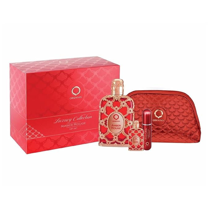 Orientica AL HARAMAIN Amber Rouge 4-Piece Set for Unisex, (2.7 Oz Eau De Parfum Spray + 0.34 Oz Eau De Parfum Travel Spray + Atomizer + Bag) Luxury Collection