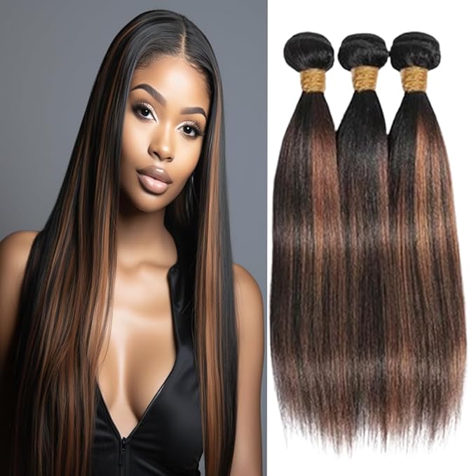 P1B30 Straight Bundles Human Hair Two Tone Black and Brown With Highlights Straight Bundles Brazilian Human Hair Weave Soft and Silky for Women 26 28 30 Inch