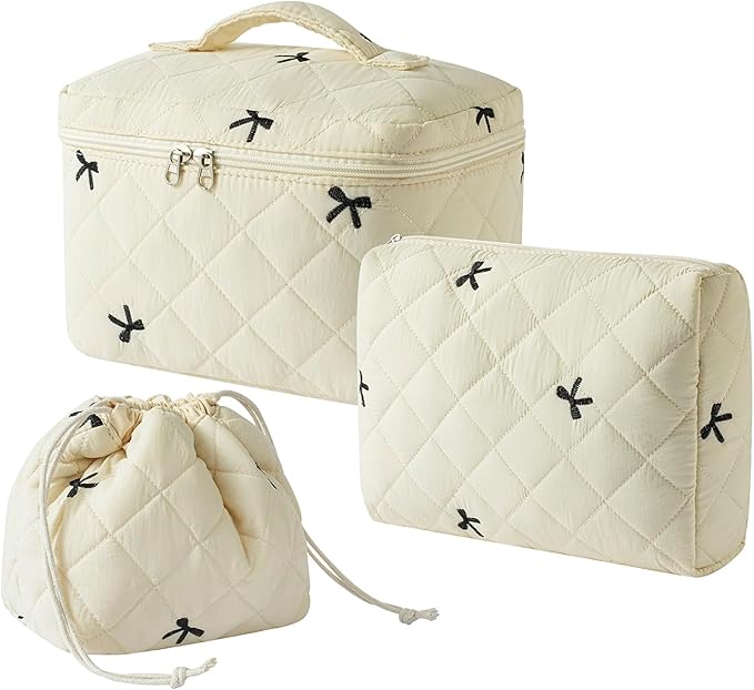 3pcs Large Cotton Quilted Makeup Bag Set,Coquette Aesthetic Cute Travel Toiletry Bag,Drawstring Gift Bag for Women and Girls(3Pcs Beige Bow)