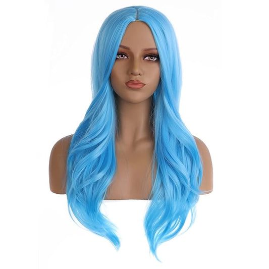 BERON 28" Women Girls Long Curly Wavy Wig Heat Resistant Synthetic Fiber with Wig Cap (Sky Blue)
