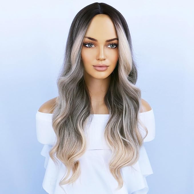 BERON Brown Blonde Wigs Long Wavy Wig for Women Curly Highlights Ombre Color Heat Resistant Synthetic Hair Wigs for Cosplay Party Daily or Use