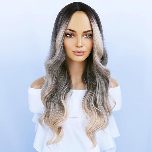 BERON Brown Blonde Wigs Long Wavy Wig for Women Curly Highlights Ombre Color Heat Resistant Synthetic Hair Wigs for Cosplay Party Daily or Use