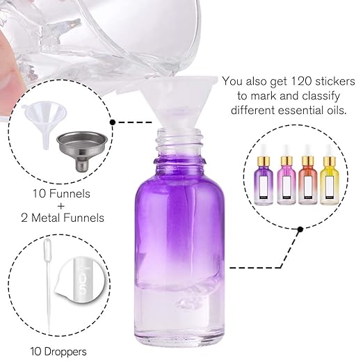 Eye Dropper Bottle 2 oz (63 Pack Rainbow Glass Bottles 60ml with Golden Caps, 2 Extra Eye Droppers, 120 Labels, 10 Funnel & Measured Pipettes)