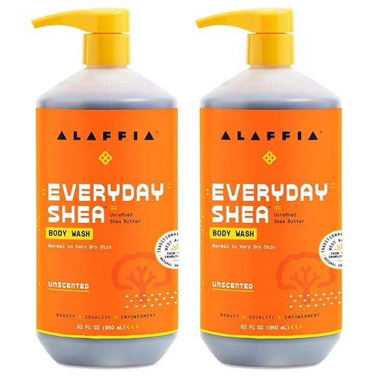 Alaffia Everyday Shea Body Wash, Naturally Helps Moisturize and Cleanse Without Stripping Natural Oils with Fair Trade Shea Butter, Neem, and Coconut Oil, Unscented, 2 Pack - 32 Fl Oz Ea
