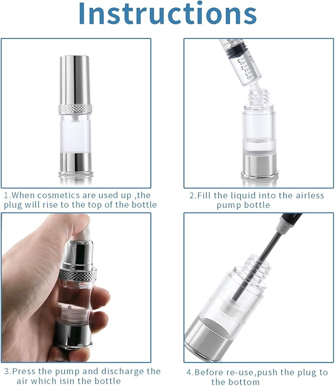 silvery travel size bottle with bag set, airless real pump bottle, reusable vacuum bottle, lotion, hand sanitizer, essence, etc (12 packs) 5ml/10ml/20g ZKP-YS-5-10-15