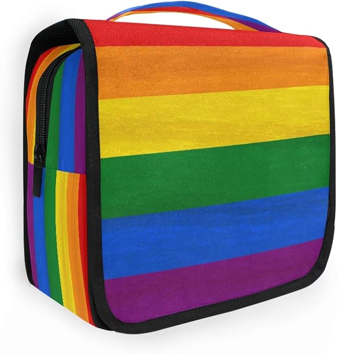 YVONAU Hanging Toiletry Bag Rainbow Pride Flag Stripe Portable Travel Cosmetic Makeup Bag Bathroom Shower Shaving Kit Organizer Bag for Men Women