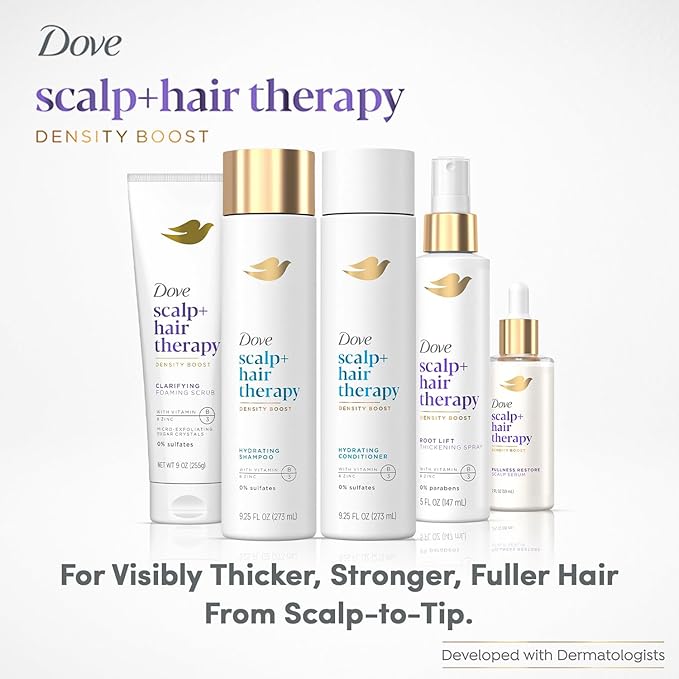 Dove Scalp + Hair Therapy Bundle – Clarifying Foaming Scrub, Hydrating Shampoo & Conditioner, Root Lift Thickening Spray + Fullness Restore Scalp Serum (5 Piece Set)