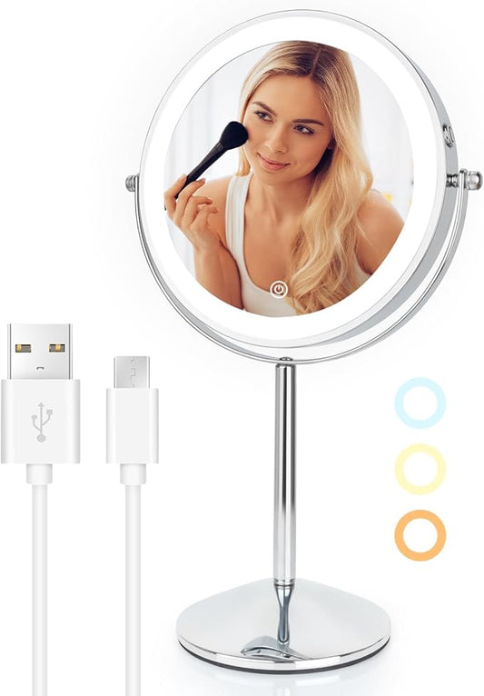 8" Makeup Mirror with Lights, Rechargeable 1x/10x Magnifying Mirror with 3 Colors, 360° Rotation Double Sided Rechargeable Desk Cosmetic Mirror, Touch Dimming LED Lighted Makeup Mirror