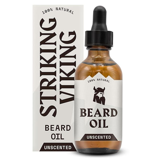 Striking Viking Beard Oil for Men - 2 Fl Oz, Unscented - Naturally Derived Conditioner with Almond, Tea Tree, Argan & Jojoba Oil for Beard Growth, Softening & Moisturizing