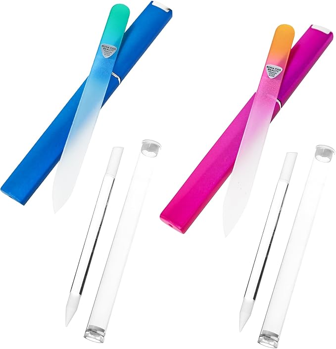 Bona Fide Beauty Czech Glass 4PC Value Bundle - 2 Clear Cuticle Pushers and 2 Glass Nail Files (Blue and Magenta)
