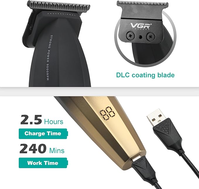 VGR 906 Fresh Fade Professional Hair Trimmer, 9000rpm Zero Gapped Beard Trimmer for Men, DLC T-Blade Cordless Hair Clipper for Barbers and USB Rechargeable, Gold