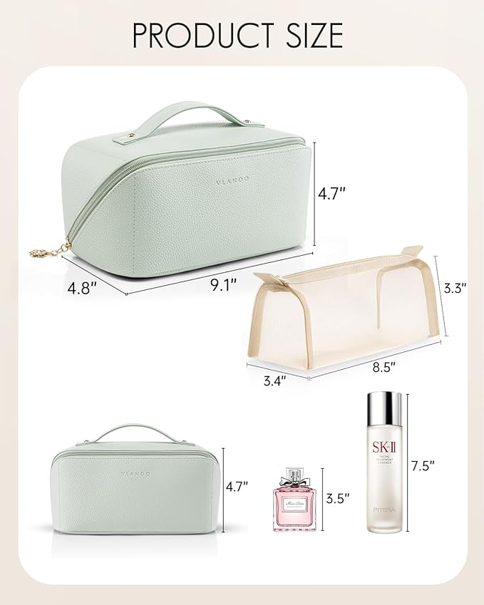 Vlando Makeup Bag,Travel Makeup Bag Waterproof Portable Cosmetic Bag PU Leather Open Flat Make up Organizer for Toiletries,Makeup Brushes Bag Gifts for Teen Girls Women(Mint Green)