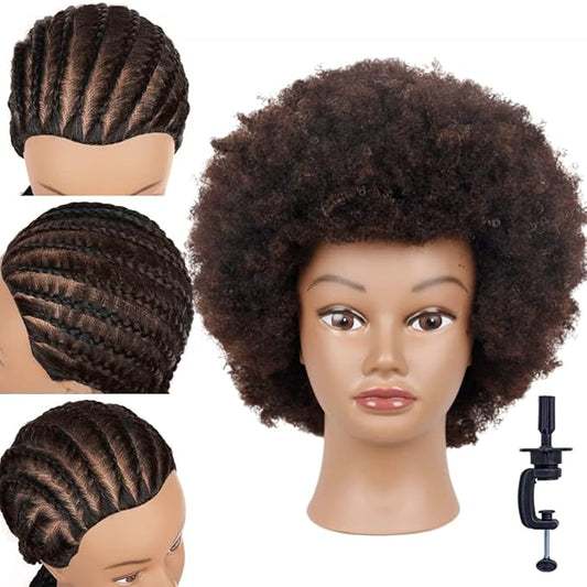 14" afro mannequin head for braiding 4C Type 100% Human Hair Curly Hair Hairdresser Training Head African Cosmetology Doll Head for Styling Cornrow Braiding with Clamp Stand