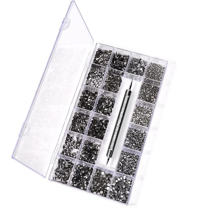 3100Pcs Nail Crystal Rhinestones Kit, Mix Shapes AB Glass, 3D Diamonds Flatback Crystals, with a Drill Pen, Nail Crystal Non Hotfix, Nail Art Decoration(Mineral Black)