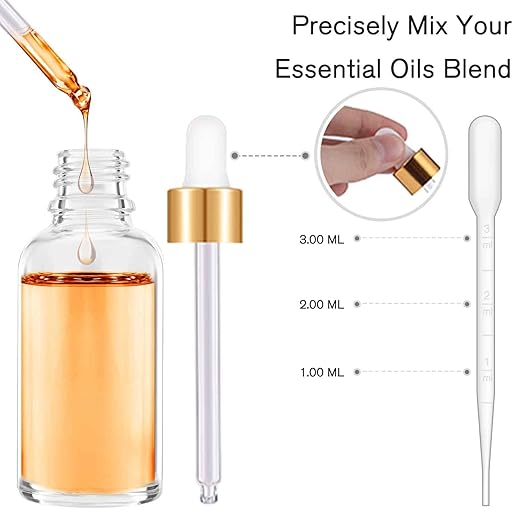 24 Pack 2 Oz Glass Eye Dropper Bottles Clear, 60 ml Empty Tincture Bottle with Droppers, 1 Extra Cap, 2 Plastic Funnels, 2 Pipettes & 48 Stickers for DIY Essential Oils, Body Oil, Beauty Oil