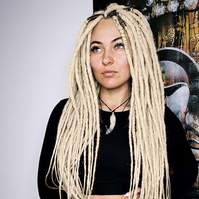 24 In Double Ended Dreadlock Extensions, 613 Blonde 10 Strands Thin 0.6cm Width Synthetic DE Dreads Extensions, 100% Handmade Dreads Hippie Style Dreadlocks for Woman