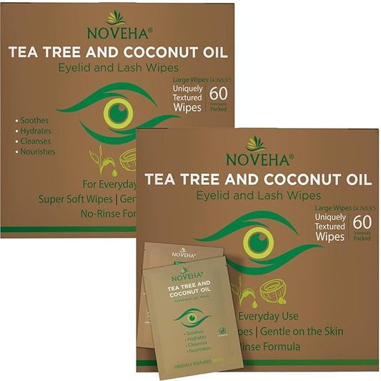 NOVEHA Tea Tree & Coconut Oil Eyelid & Lash Wipes | For Demodex, Blepharitis & Itchy Eyes, Box Of 60 Individually Wrapped Eyelash Wipes With Aloe Vera, Natural Makeup Remover & Daily Eye Cleanser