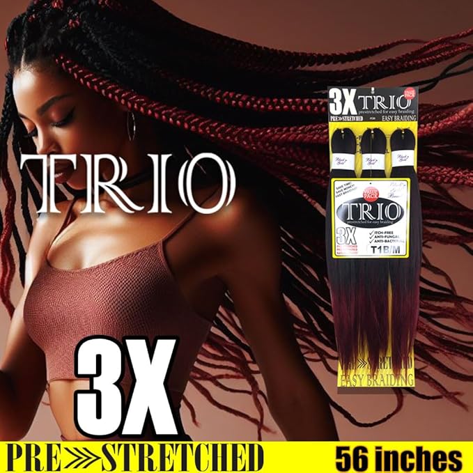 BNG 3X Pre-Stretched Braiding Hair, 28" Professional Itch Free Synthetic Fiber Braids Hair Extensions for Easy Braid, 3 PACKS (9 bundles), (#T1B/33 Off Black/Dark Auburn)
