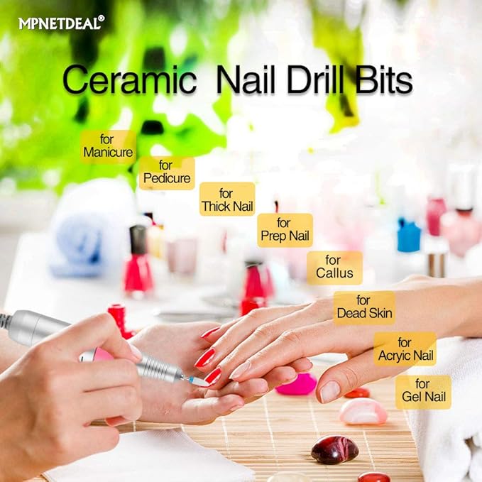 Ceramic Nail Drill Bits Set 7Pcs, Durable Less Dust, 3/32 inch for Acrylic Gel Nails Cuticle Manicure, Professional Acrylic Nail File Drill Bit