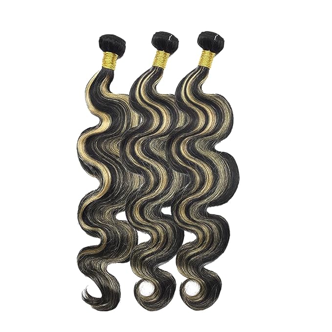 Highlight P1B27 Body Wave Bundles Human Hair #1B Mixed With #27 Body Wave Human Hair Bundles two tone Brazilian Human Hair Extensions Weave Wet and Wavy for Black Women 12 14 16 Inch