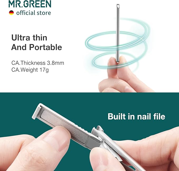 MR.GREEN Ultra Thin Nail Clippers German Precision Manufacturing Technology Nail Cutters with Cow Leather Cover Superior Texture (Light Grey)