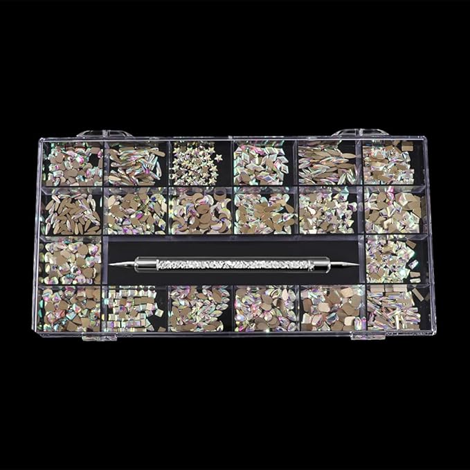 3100Pcs Nail Crystal Rhinestones Kit, Mix Shapes AB Glass, 3D Diamonds Flatback Crystals, with a Drill Pen, Nail Crystal Non Hotfix, Nail Art Decoration(Silver)