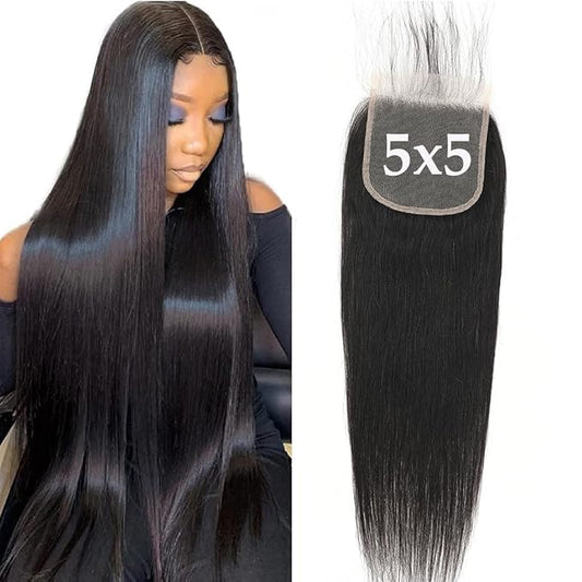 5x5 HD Transparent Straight Human Hair Lace Closure Skinlike 18inch Virgin Invisible Brazilian 5x5 Straight Human Hair Closure 100% Real Human Hair Free Part Closure Pre Plucked Natural Black Glueless