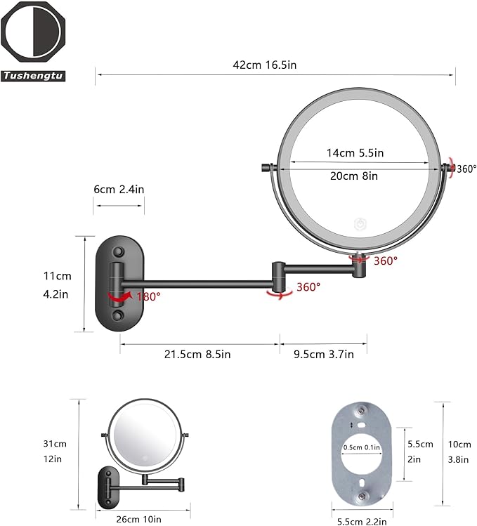 8“Wall Mounted Makeup Mirror With Lights, 10x Magnifying Mirror Wall Mount for Vanity, Bathroom and Shaving, Rechargeable Wall Mounted Makeup Mirror Swing Arm with Adjustable Brightness (Black-10X)