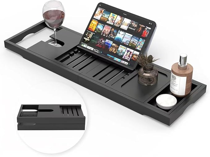 Foldable Bathtub Tray - Expandable Bamboo Bath Caddy Tray for Tub - Luxury Wood Bath Accessories, Perfect Spa Experience for New Home - Unique House Warming Gifts for Mom, Women, Couples