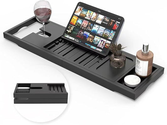 Foldable Bathtub Tray - Expandable Bamboo Bath Caddy Tray for Tub - Luxury Wood Bath Accessories, Perfect Spa Experience for New Home - Unique House Warming Gifts for Mom, Women, Couples