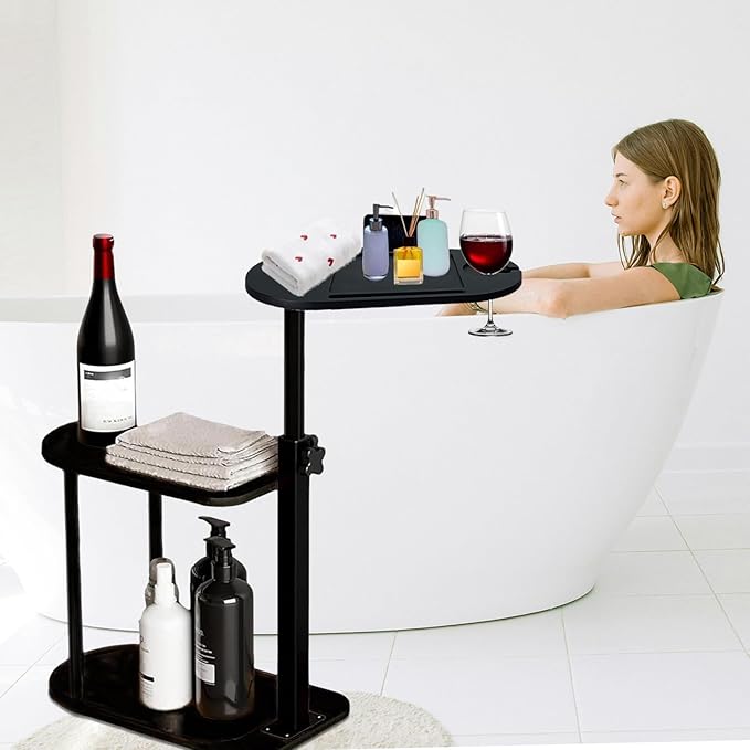 3 Layer Bathtub Tray Table,Bamboo Swivel Bathtub Side Table Height Adjustable,Freestanding Bathtub Tray for Tub Against Wall,Bathtub Accessories&Bathroom Organizer for Luxury Home Spa-Black
