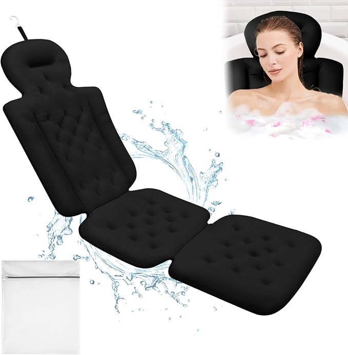 Luxury Full Body Bath Pillow for Bathtub, Bath Pillows for Tub with Mesh Laundry Bag & Non-Slip Suction Cups, Cushion for Bathtub Headrest Neck Back Support - 5D Air Mesh & Quick Drying | Black