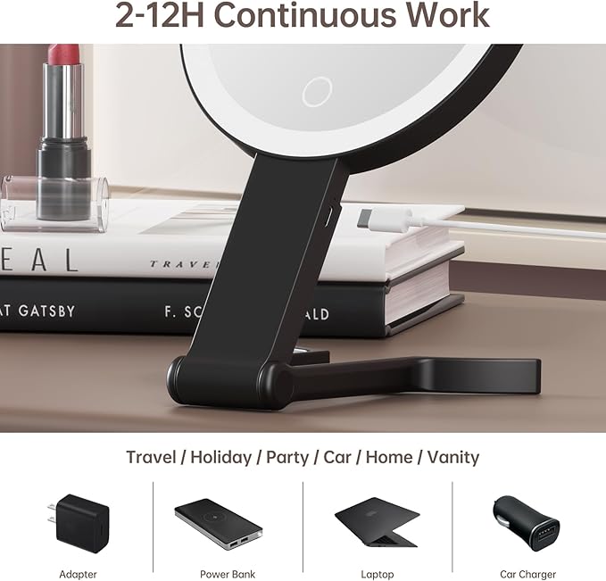 Alovely Travel Makeup Mirror with Lights, Portable Mirror 2-Sided 10X /1X Magnifying Mirror with Light, Travel Mirror with Lights and Magnification, 3 Color Lighting, Dimmable Touch Screen Handhold