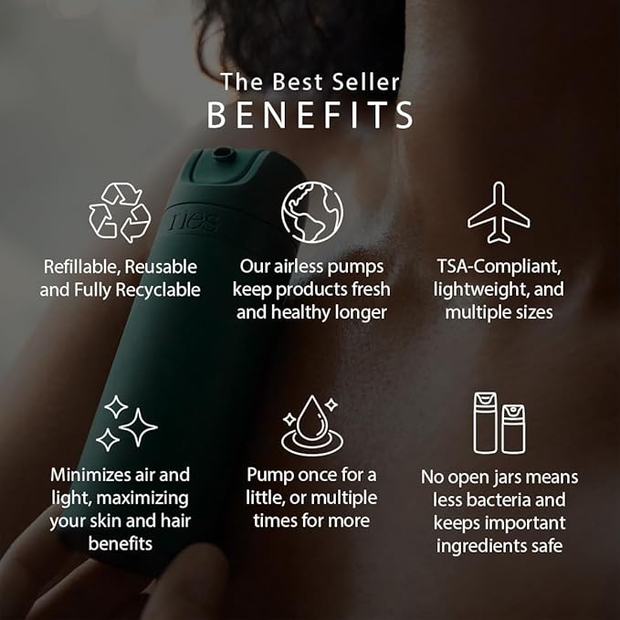 Essential Refillable Toiletry Travel Bottles – Set of 5 (3.4oz & 1.7oz) Airless Pump Containers for Shampoo, Conditioner, Body, Face – Leak-Proof, TSA-Approved, Dishwasher Safe- Escapade Green