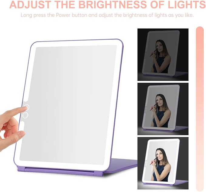 LED Foldable Travel Makeup Mirror - 7x9 inches 3 Colors Light Modes USB Rechargeable Touch Screen, Portable Tabletop Cosmetic Mirror for Travel, Cosmetic, Office (Violet)