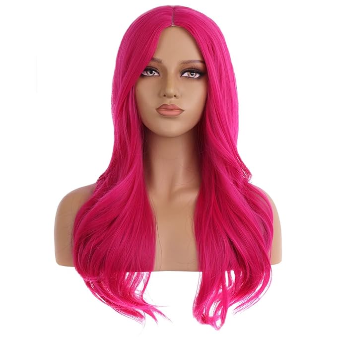 BERON Hot Pink Long Wigs for Women Girls Magenta Curly Wavy Hair Wig Middle Part Dark Pink Heat Resistant Synthetic Fiber Wigs