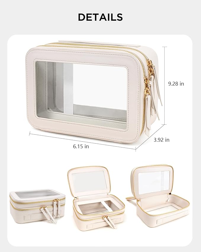 Clear Makeup Bags TSA Approved Toiletry Bag with Handle Large Opening,Clear Toiletry Bags for Carry-on Traveling Travel Car Accessories Essentials Organziation Storage for Women Girls(White, 2Layer)