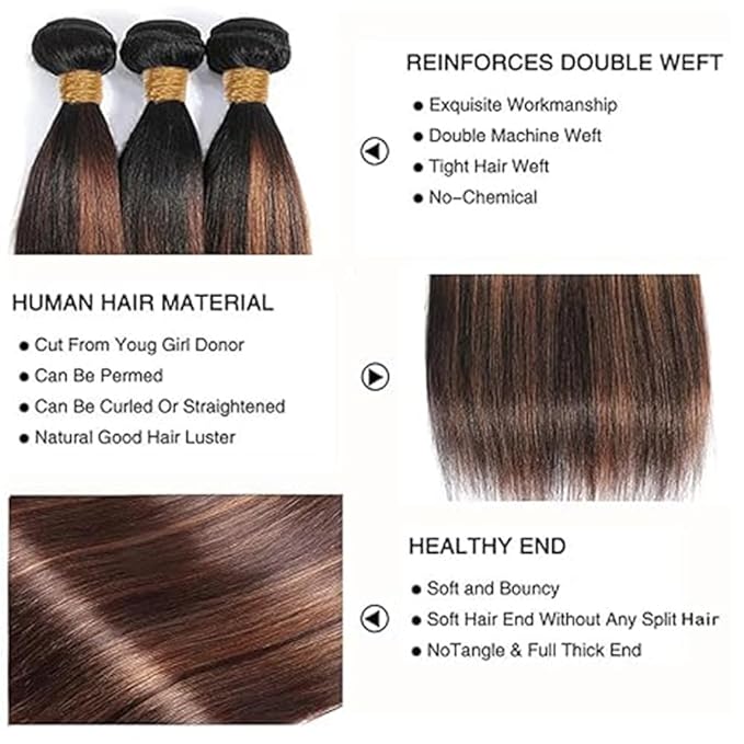 P1B30 Straight Bundles Human Hair Two Tone Black and Brown With Highlights Straight Bundles Brazilian Human Hair Weave Soft and Silky for Women 26 28 30 Inch