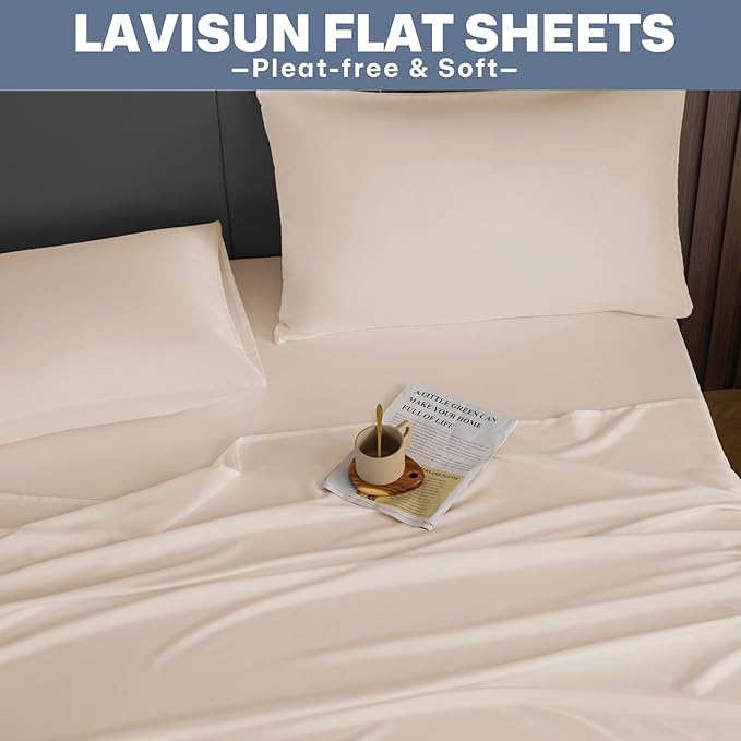 Lavisun Flat Sheets 2 Pack,Hotel Quality Flat Bed Sheets,Brushed Microfiber Bed Sheets, Bulk Sheets for Massage, Home, Dorm (Beige,Queen)