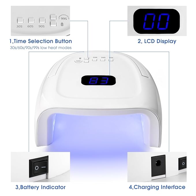 Professional Rechargeable UV LED Nail Lamp 60W UV Led Portable Cordless Nail Light for Nail Lamp Machine, 4 Timer Setting and Smart Sensor Nail Dryer, LCD Display