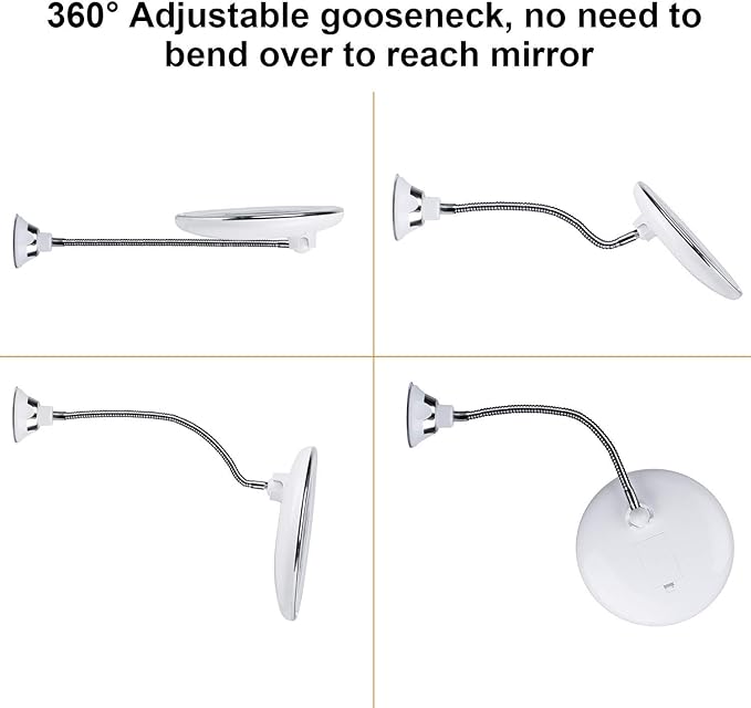 10x Magnifying Mirror with Light, Flexible Gooseneck Make up Mirror with Lights and Magnification, Battery Operated Cordless Magnified Mirror with Suction Cups for Wall Bathroom