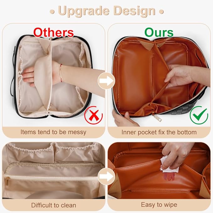 Cessfle Large Capacity Travel Cosmetic Bag Plaid Checkered Makeup Bag Portable Leather Waterproof Skincare Bag with Handle and Divider for Women 01-White