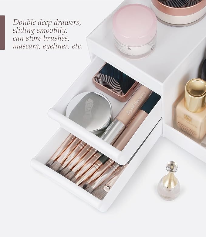 Makeup Desk Cosmetic Storage Box Organizer with Drawers for Dressing Table, Countertop, Bathroom Counter, Elegant Vanity Holder for Brushes, Eyeshadow, Lotions, Lipstick and Nail Polish (White)