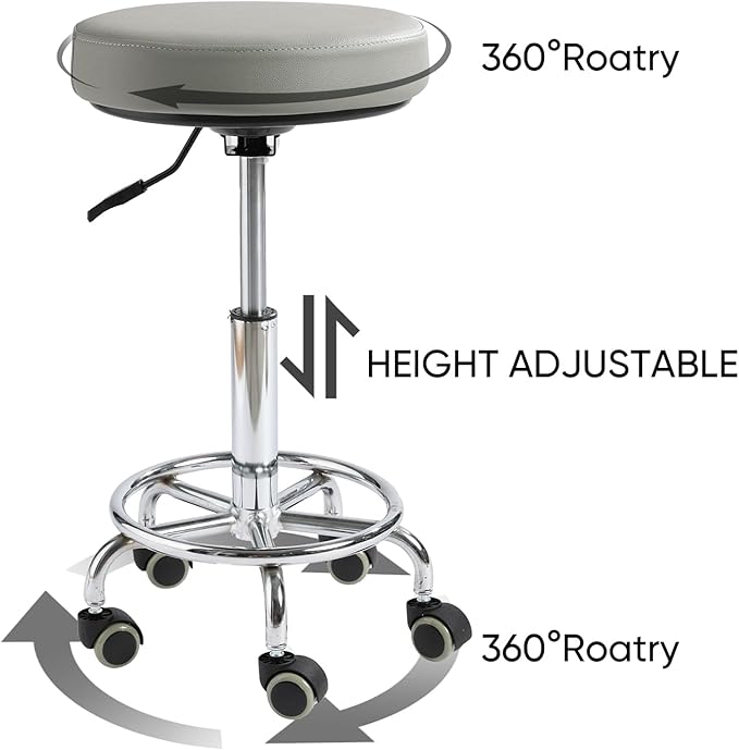 Adjustable Rolling Stool with Wheels - Ergonomic Salon & Tattoo Artist Chair, Office Stool with Comfortable PU Leather Seat, Grey